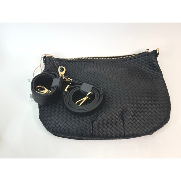 Quince Italian Leather Handwoven Convertible Crescent Shoulder Bag Black Large - Picture 3 of 8
